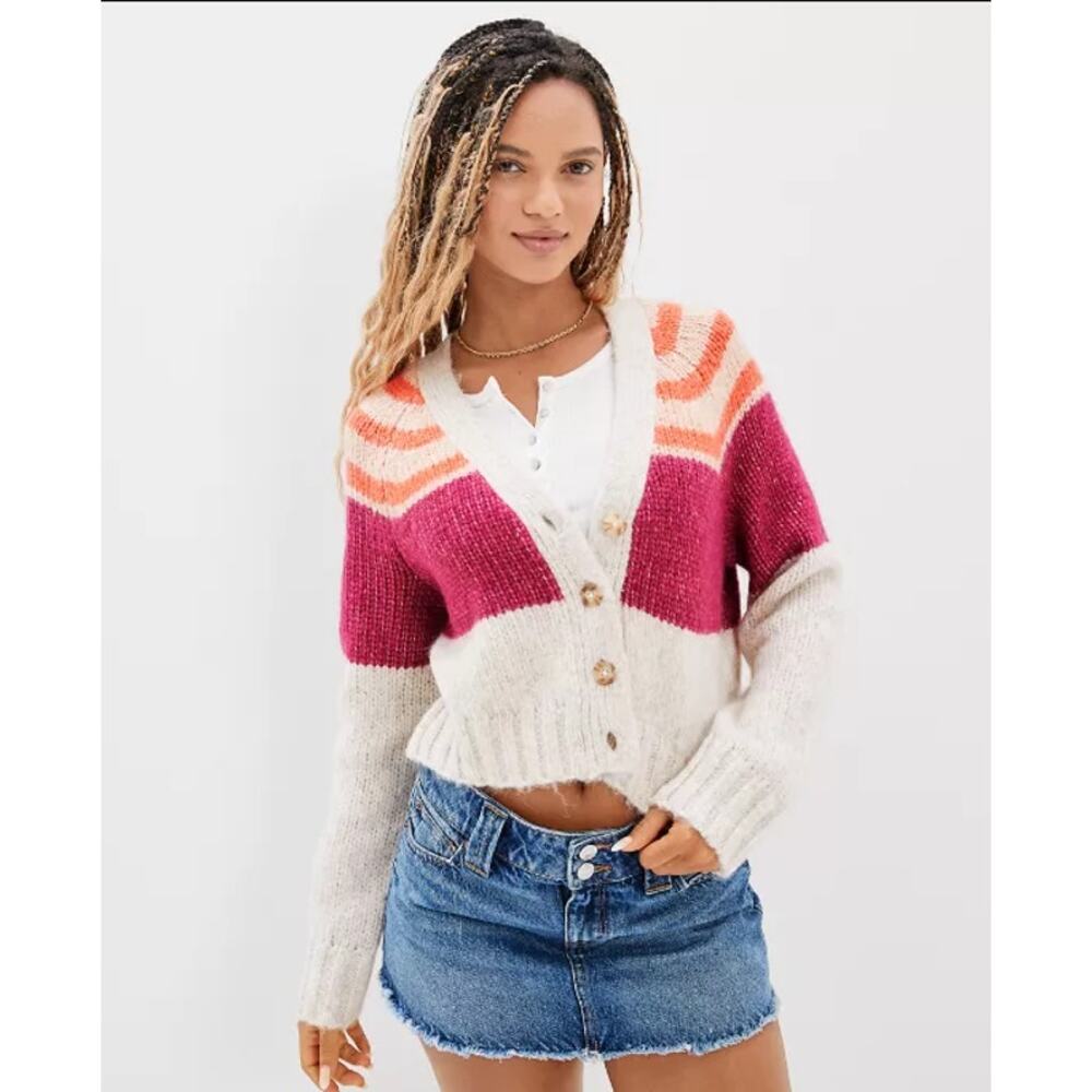 American Eagle Striped Cardigan Button Front Multicolor Pink Cream Fuzzy Size XS